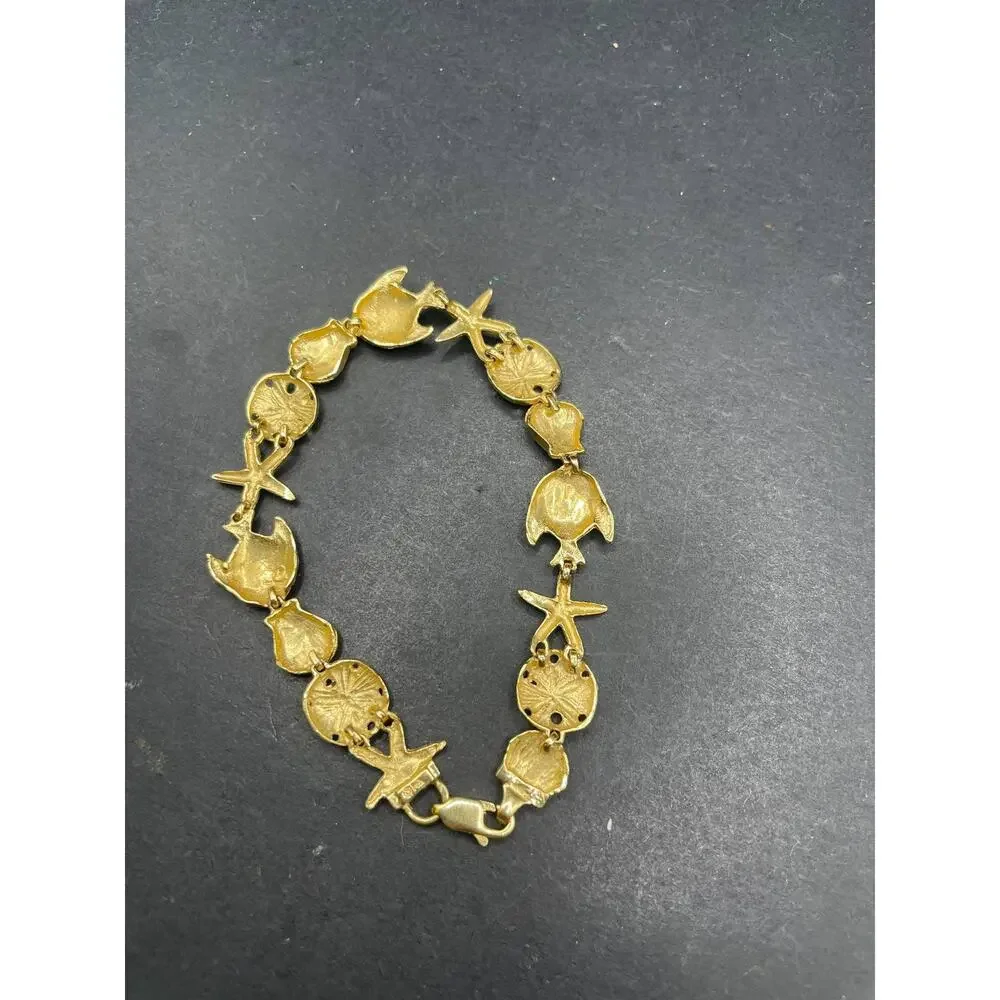 14K Yellow Gold Nautical Sea Life Link Bracelet Starfish Shell Fish 12.06 Grams